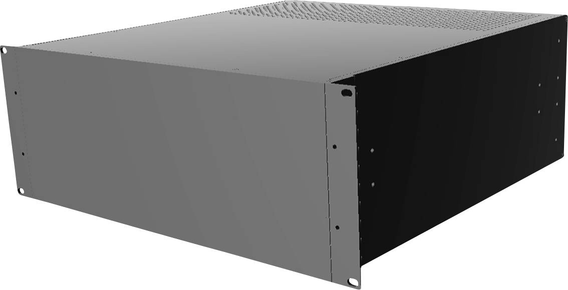 'Een leeg 19-inch metallic rack-behuizing, ontworpen voor de installatie van elektronische apparatuur, zonder zichtbare aansluitingen of indicatoren.'