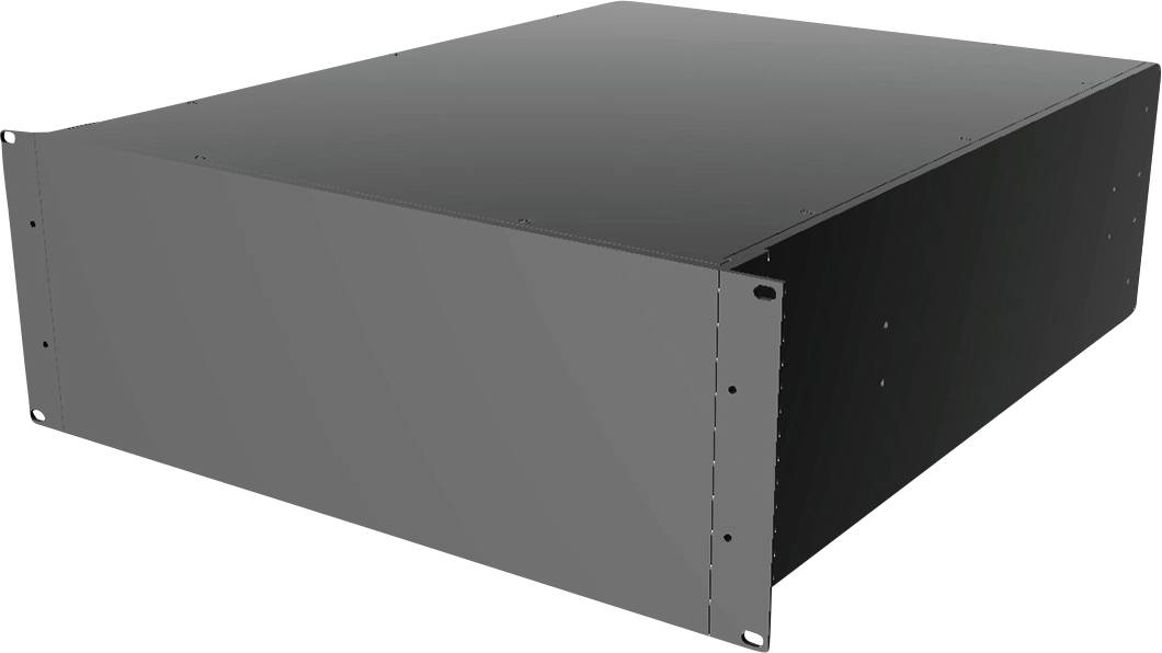 Een rechthoekig, zwart rack-behuizing voor servers of andere elektronische apparaten, geschikt voor gestandaardiseerde serverruimtes.