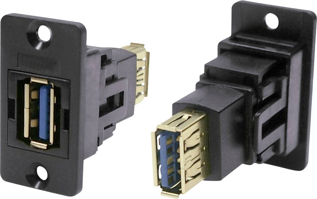 Twee zwarte USB 3.0-aansluitingen met gouden contacten en blauwe inzetstukken, gemonteerd op rechthoekige afdekplaten.