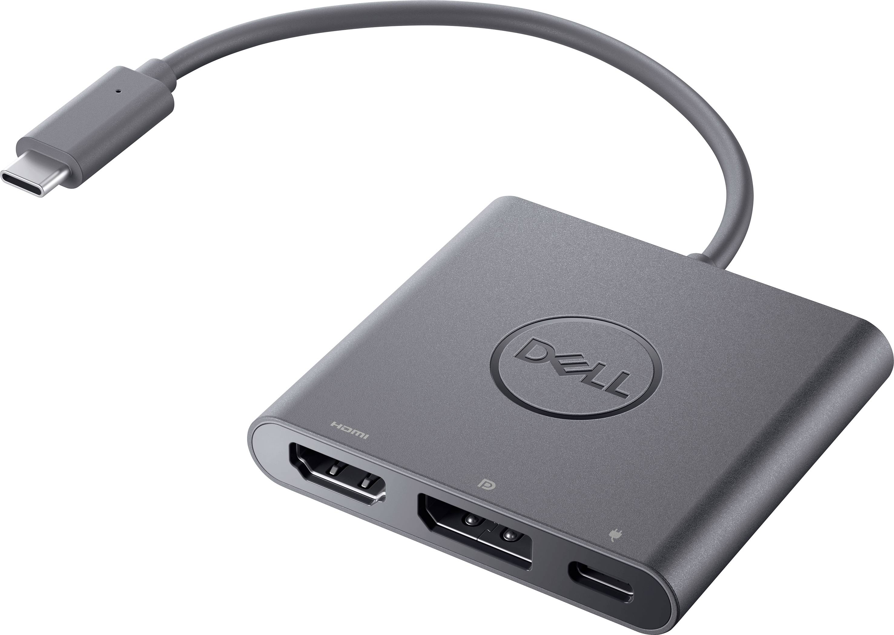 Een USB-C-adapter van Dell met aansluitingen voor HDMI, DisplayPort en USB-C, geschikt voor het aansluiten van apparaten op beeldschermen.