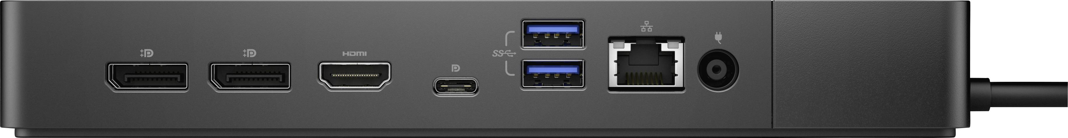 Zwarte dockingstation met HDMI-, DisplayPort-, USB- en netwerkaansluitingen; toont verbindingsmogelijkheden voor apparaten.