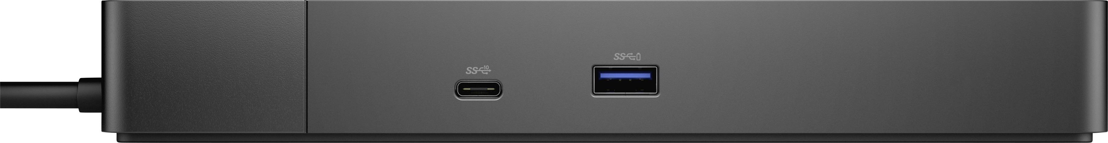 'Vooraanzicht van een zwarte dockingstation met een USB-C- en een USB-A-aansluiting.'