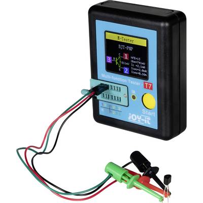 Multifunctionele tester toont gegevens van een PNP-BJT-transistor op het display. Drie kabels zijn verbonden met contactpunten.