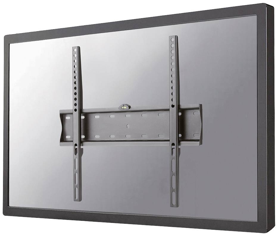 Een zwarte tv-wandsteun met een platte montagebeugel en twee verticale rails voor de bevestiging van een televisietoestel.