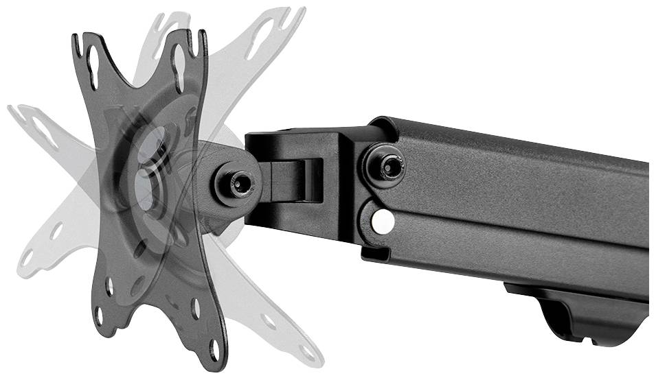 Zwenkbare metalen monitorsteun met verstelbare arm, toont verschillende posities voor flexibele bevestiging van het beeldscherm.