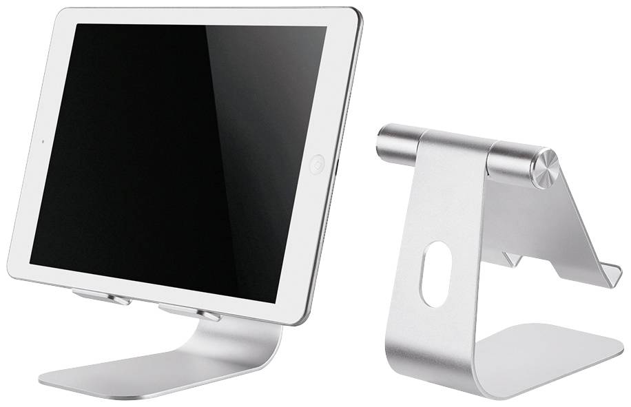 Een zilveren, metalen tabletstandaard toont een tablet in staande modus. Ernaast is de lege standaard zichtbaar van opzij.
