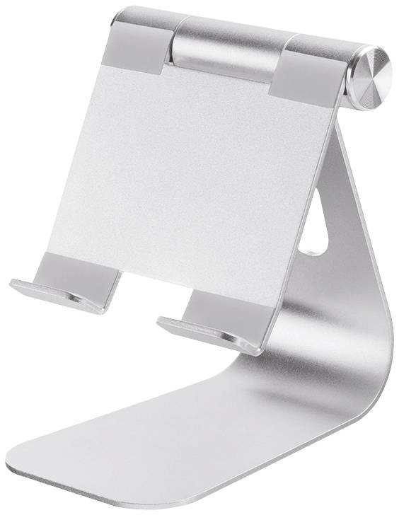 Een verstelbare zilveren metalen standaard voor tablets of smartphones met een stabiele basis en een helling voor comfortabel gebruik.