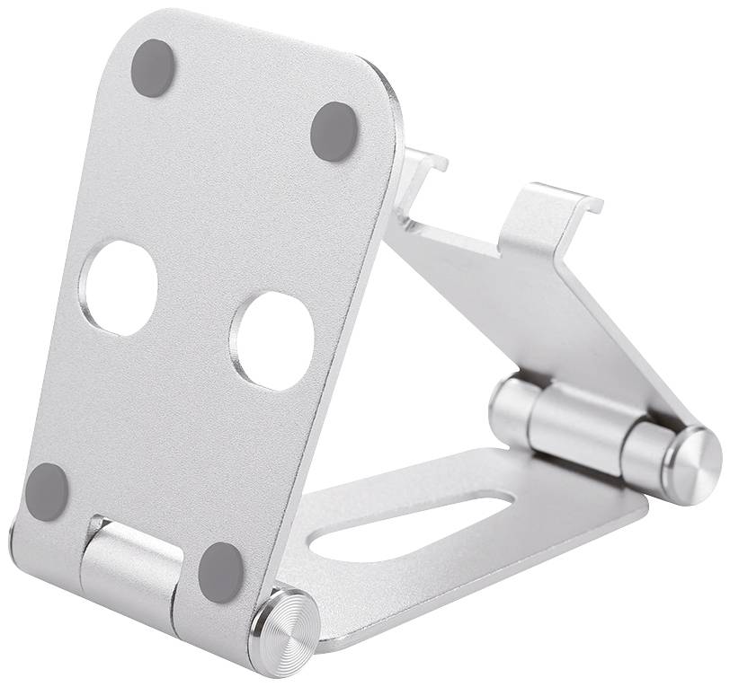 Zilveren, verstelbare metalen standaard met twee scharnieren en antisliprubber pads voor ondersteuning van tablets of smartphones.