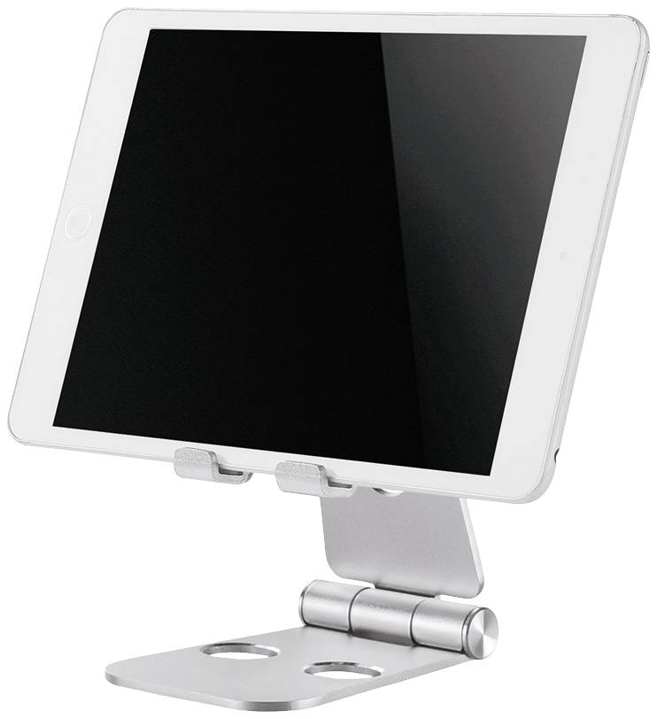 Een tablet staat op een zilveren, verstelbare standaard. Het scherm is zwart, geen details zichtbaar.