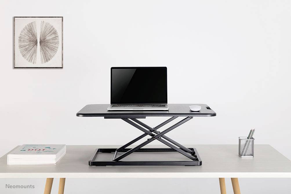 Een in hoogte verstelbare bureauverhoging met een laptop en een muis erop. Op de achtergrond een kunstwerk en een pennenhouder.