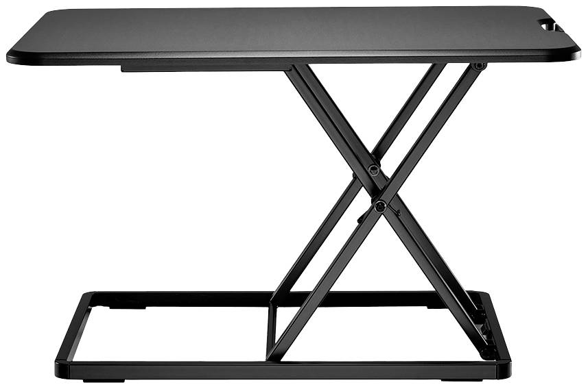 Een in hoogte verstelbaar stabureau met een vlakke, zwarte bovenplaat en een X-vormig frame. Ideaal voor ergonomisch werken.
