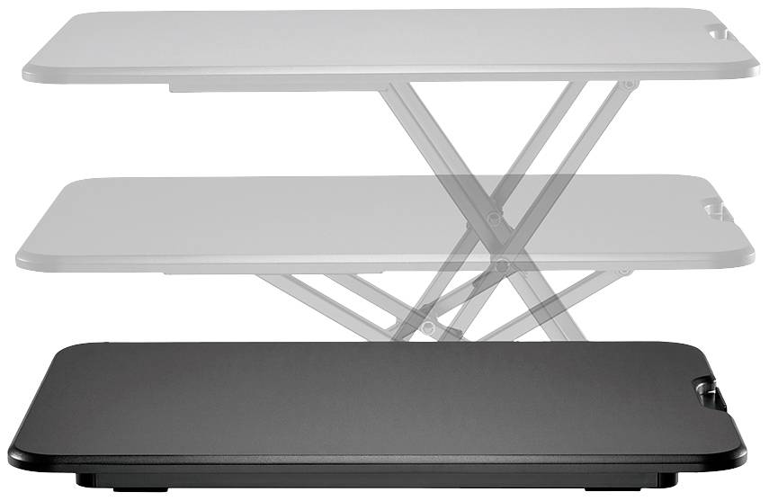De afbeelding toont een in hoogte verstelbare tafel in drie posities, van laag tot hoog, met een X-vormig steunmechanisme.