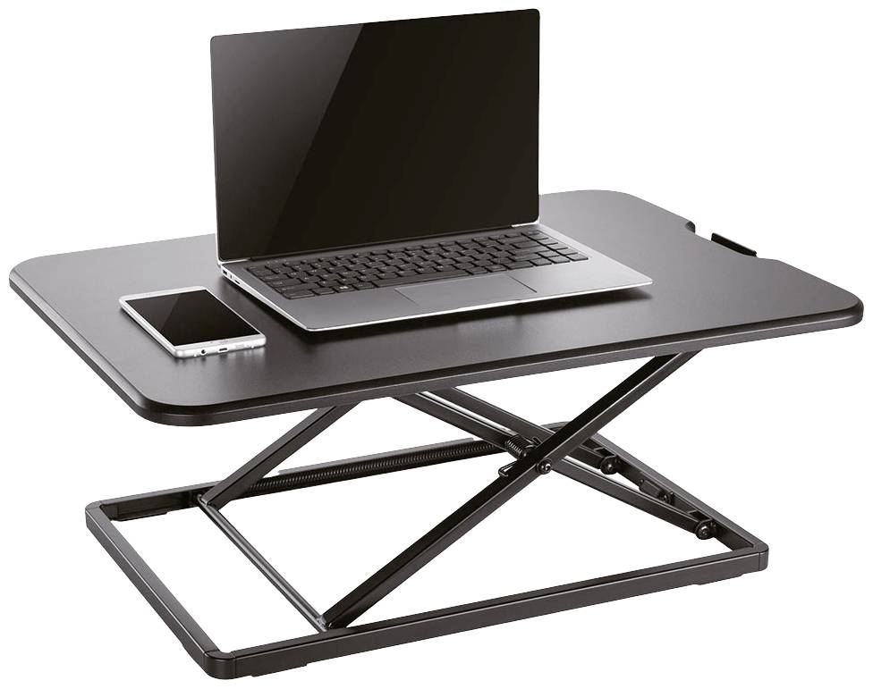 Laptop en smartphone op een in hoogte verstelbare bureauverhoging. De verhoging staat in lage positie, geschikt voor ergonomisch werken.