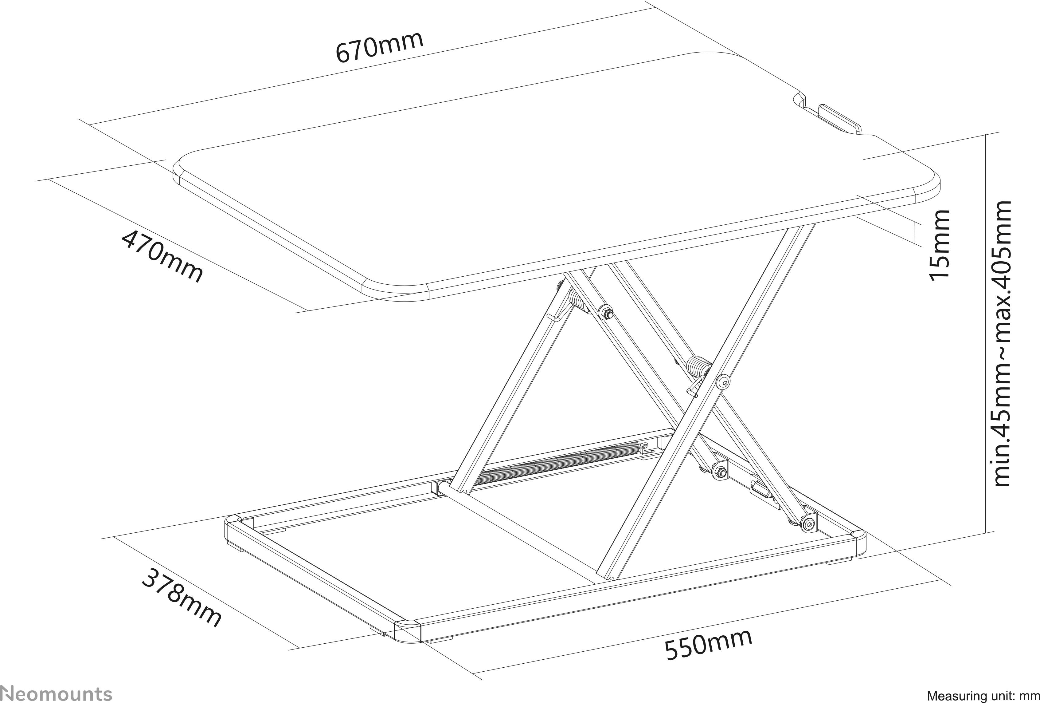Technische tekening van een in hoogte verstelbare tafel met afmetingen: breedte 670 mm, diepte 470 mm, minimale hoogte 45 mm, maximale hoogte 405 mm.
