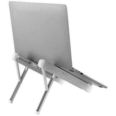 Opvouwbare zilveren laptopstandaard van aluminium met verstelbare poten voor een ergonomische werkhoogte.