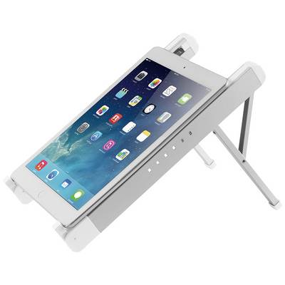 Een tablet in een zilveren standaard, rechtop staand, met zichtbaar startscherm en verschillende app-symbolen.