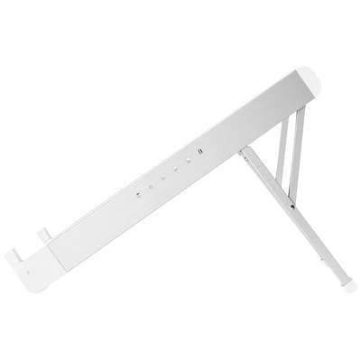 Een verstelbare witte laptopstandaard van metaal, weergegeven in zijaanzicht, met meerdere hoogteniveaus en stabiele poten.