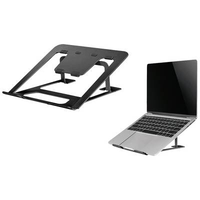 Metalen laptopstandaard, opvouwbaar, toont een geopende laptop erop. Bevordert ergonomisch werken door de laptop op te tillen.
