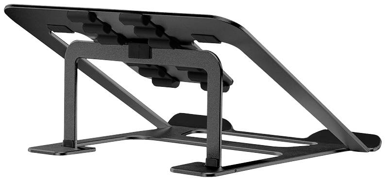 Een zwarte laptopstandaard van metaal in een schuine positie, ontworpen voor ergonomisch werken aan het bureau.