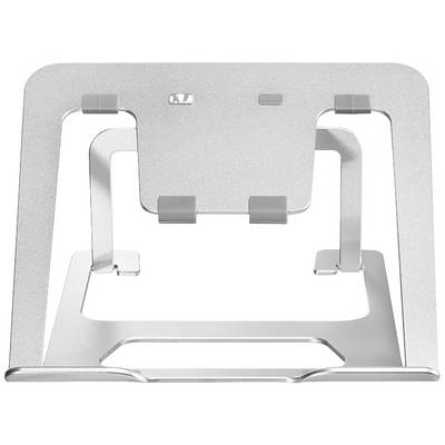 Laptopstandaard van zilverkleurig metaal met verstelbare beugel, verhoogt en ventileert, ter verbetering van de ergonomie tijdens het werken.