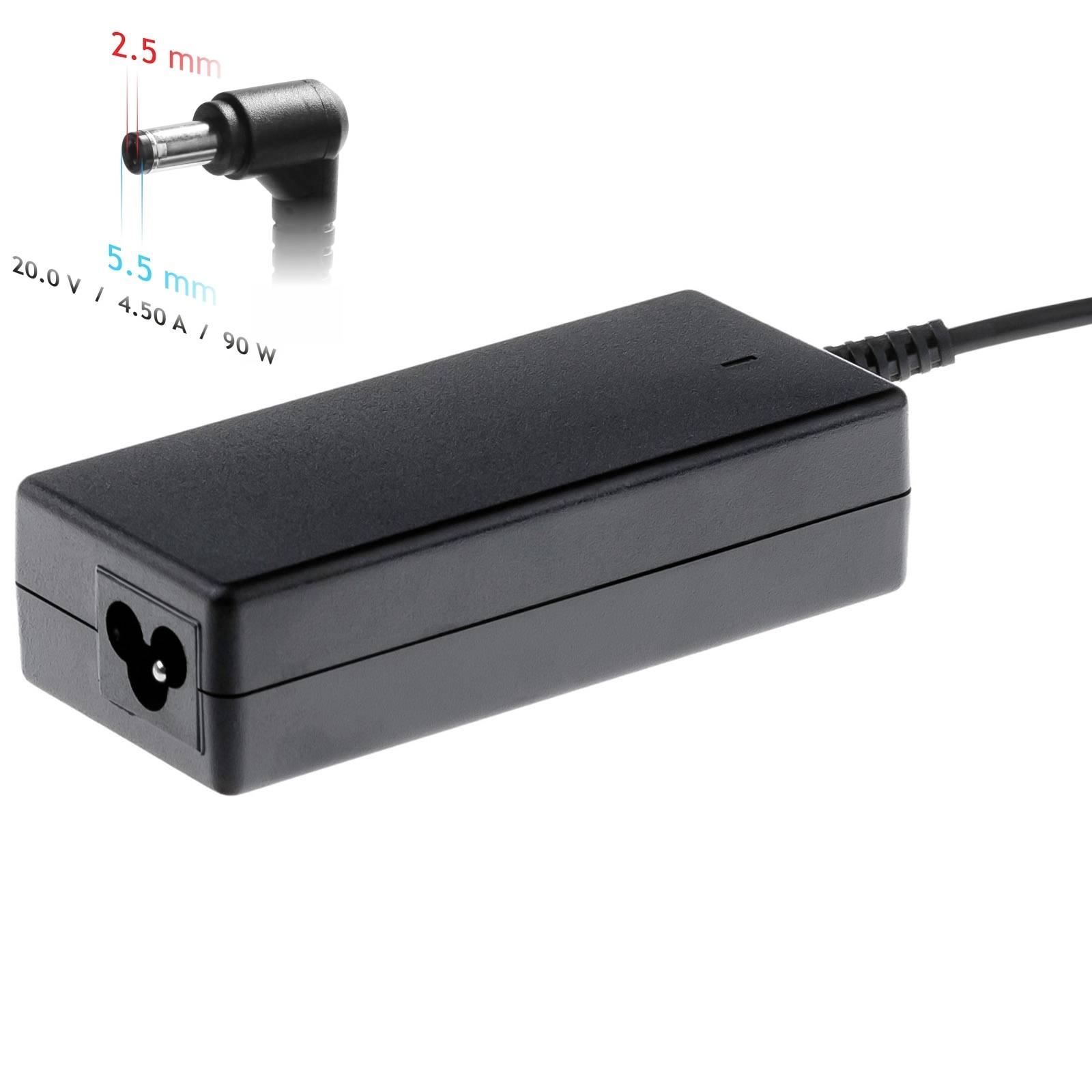 Zwart laptopvoedingsapparaat met haakse stekker. In de hoek: stekkerdetails met afmetingen van 5,5 mm uitwendig en 2,5 mm inwendig.