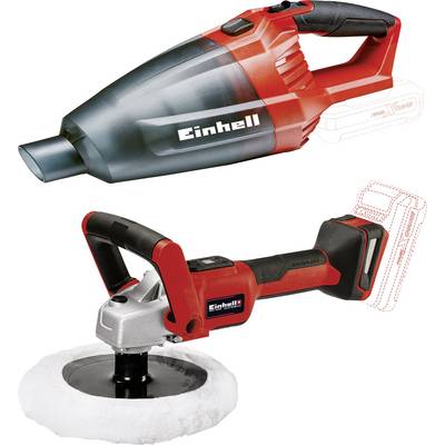 Einhell accu-stofzuiger en polijstmachine, beide draadloos, in rood-zwart. Stofzuiger heeft een ergonomische handgreep.