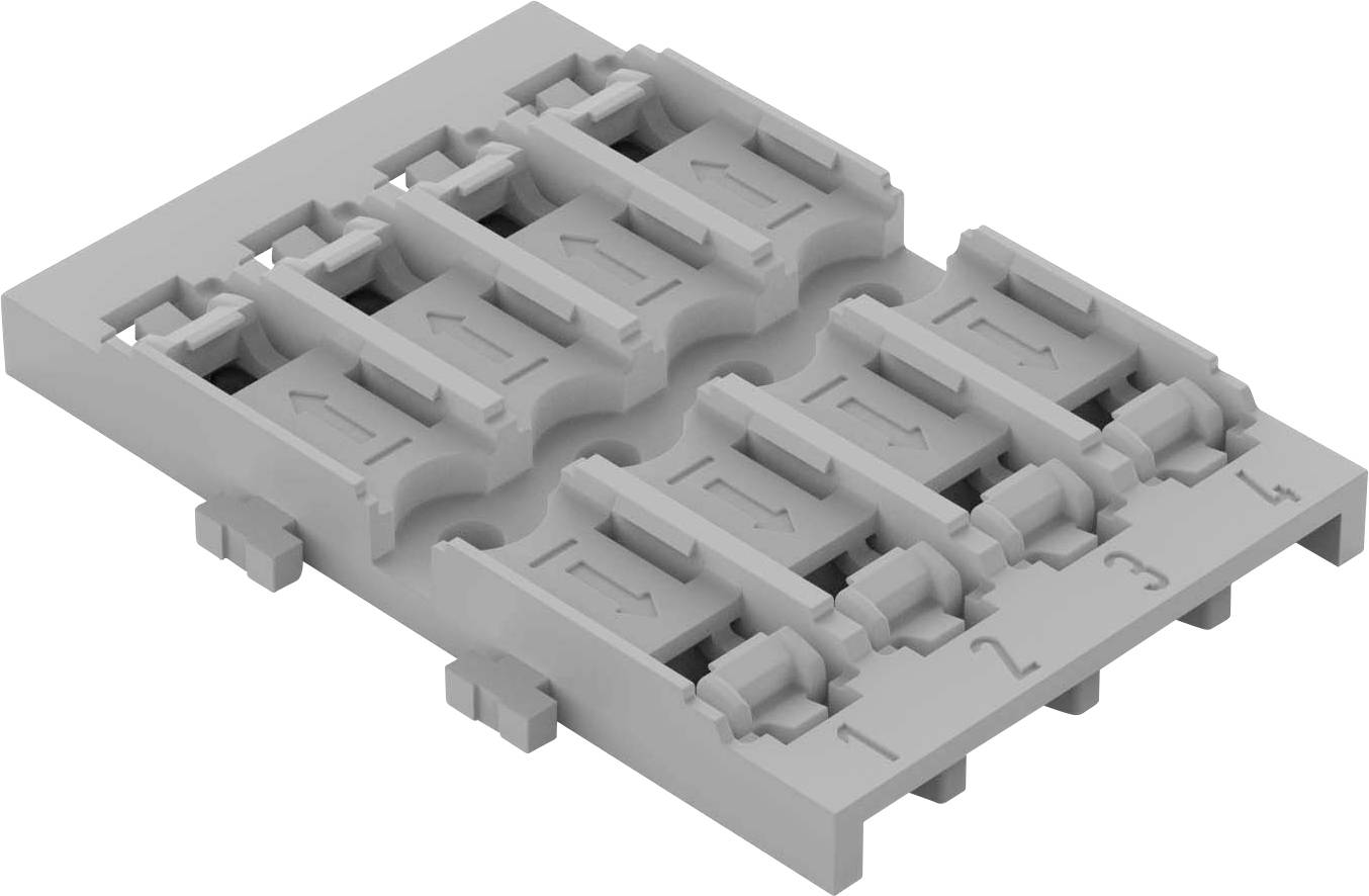 Grijs, rechthoekig kunststof onderdeel met genummerde aansluitposities van 1 tot 6, geschikt voor het plaatsen van elektronische componenten.