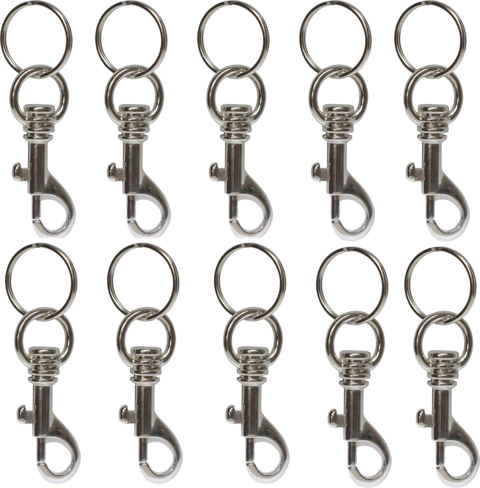 Tien zilveren karabijnhaken met ringen, gelijkmatig gerangschikt.