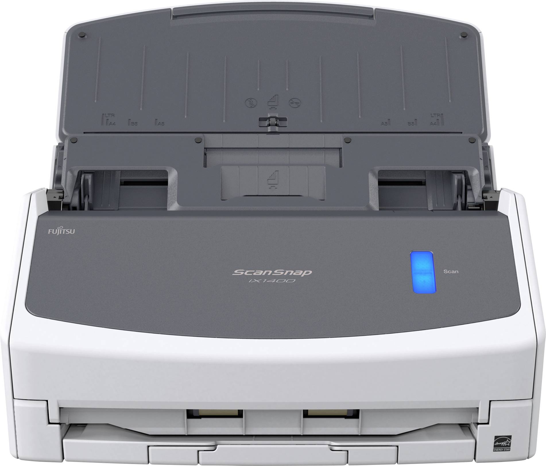 Een scanner in een grijs en wit behuizing met een verlichte blauwe schakelaar, geschikt voor het digitaliseren van documenten.