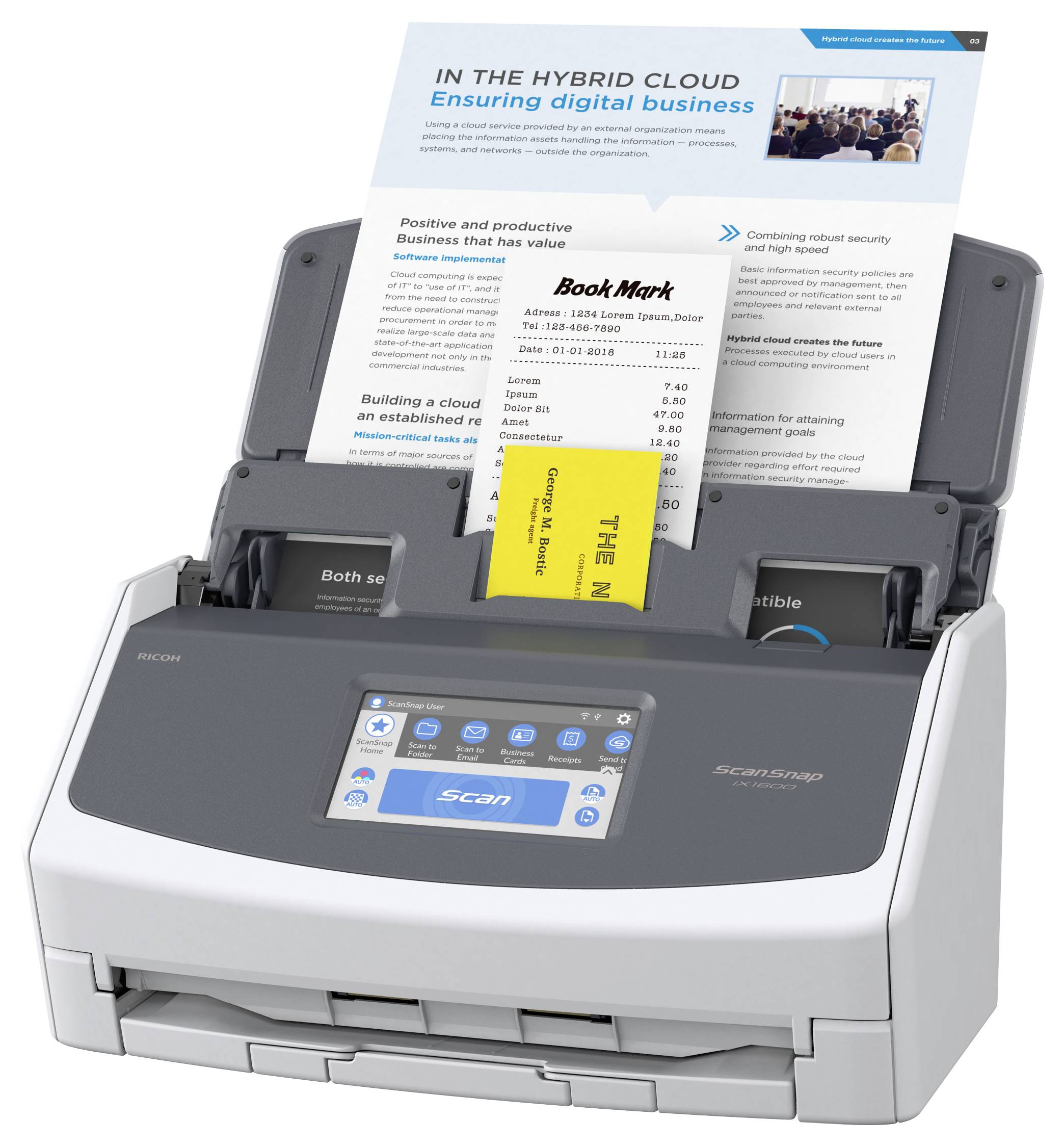 Een scanner die meerdere documenten scant, inclusief een boekje met de titel 'IN DE HYBRIDE CLOUD.' Het scherm toont scanopties.