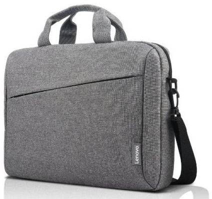 Grijze Lenovo-laptoptas met twee handgrepen en een afneembare schouderband, geschikt voor het veilig vervoeren van een laptop.