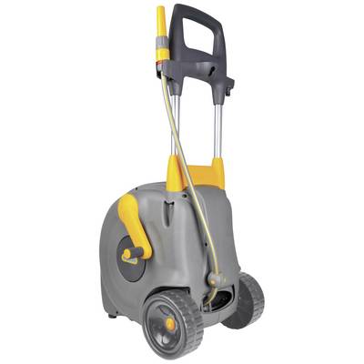Een draagbare slanghaspel met handvat en wielen in grijs en geel. Ideaal voor tuinbewatering en gemakkelijk te vervoeren.