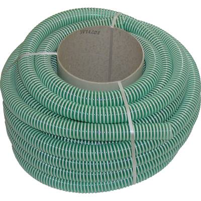 Een grote rol van groen-wit gestreepte PVC-slang, opgerold en vastgemaakt met wit band.