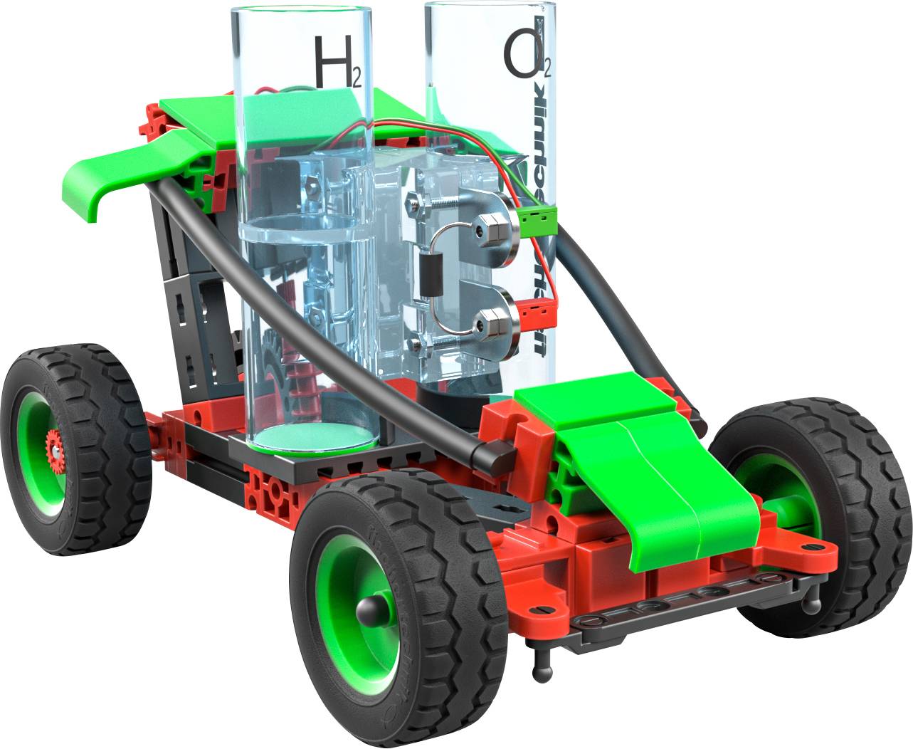 Speelgoedauto met brandstofcel en elektronische componenten, op een kleurrijk chassis; toont het gebruik van moderne energiebronnen.