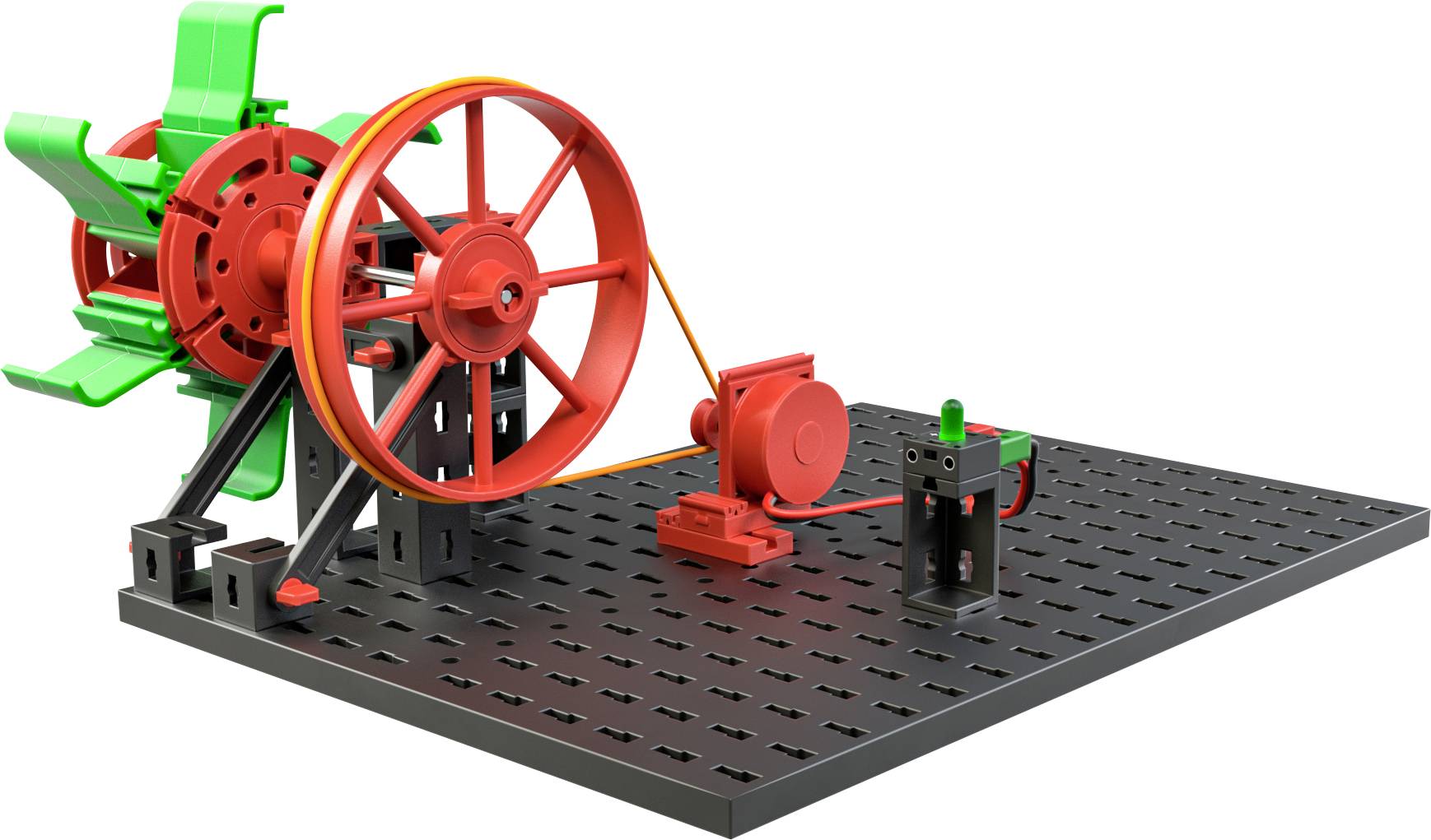 Een eenvoudig model van een riemaandrijving op een geperforeerde plaat. Links een groot wiel met riem, rechts een kleine motor. Gekleurd in rood en groen.