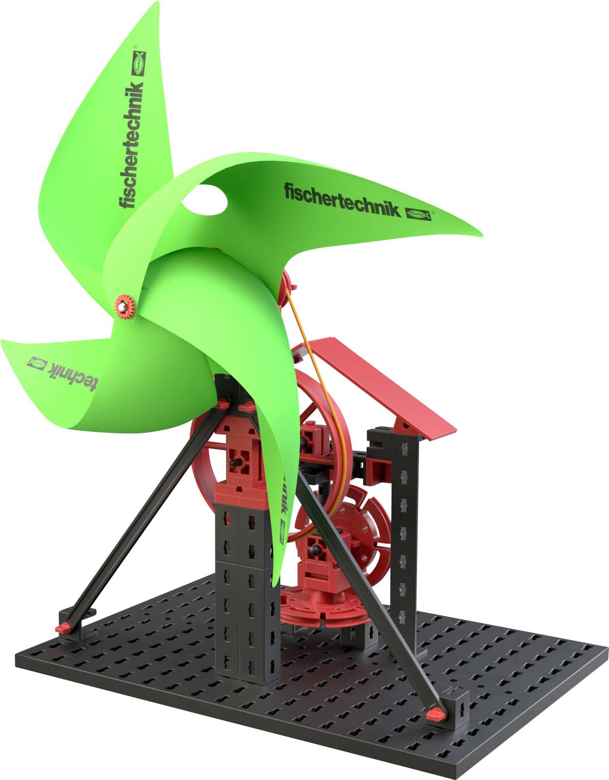 Een groen windmolen-model van Fischertechnik op een zwart basisplatform toont technische details van een windenergie-systeem.