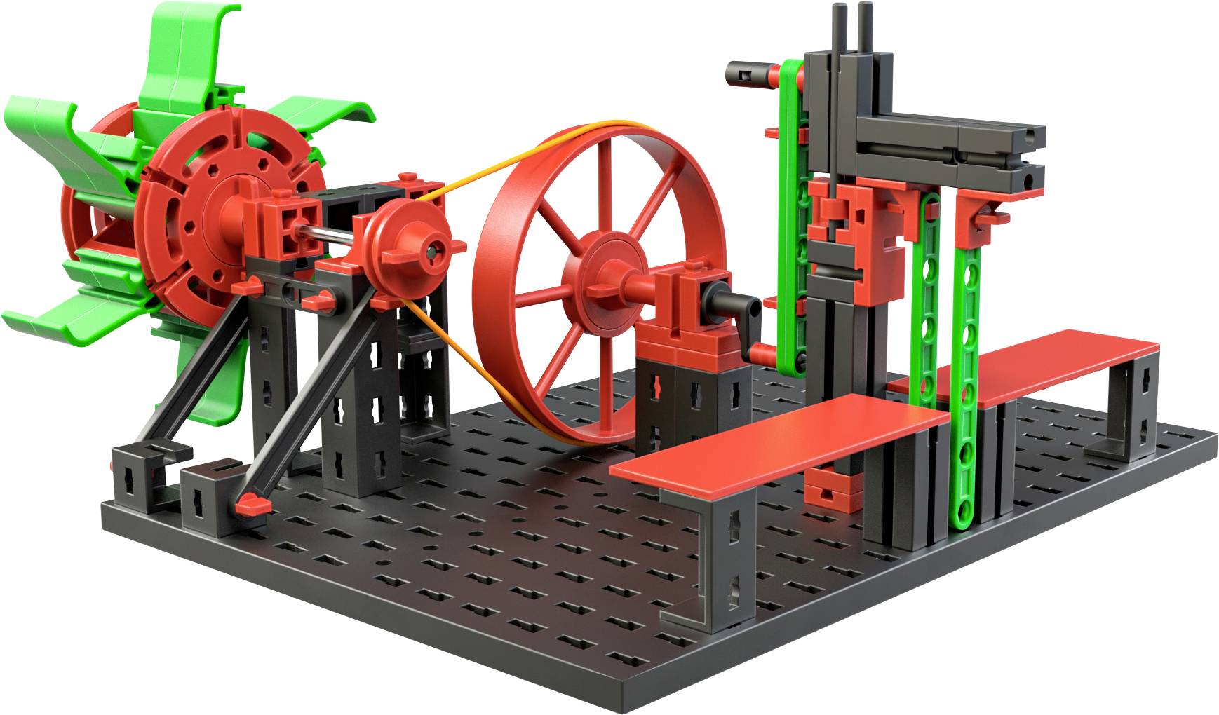 Model van een mechanisch systeem met tandwielen, riemschijf en kruk, gemonteerd op een zwarte kunststofplaat.