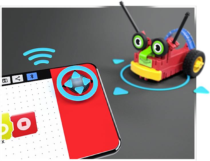 Een smartphone bestuurt een kleine, op afstand bestuurbare speelgoedauto met gekleurde bouwstenen en antennes. Geautomatiseerd rijden.