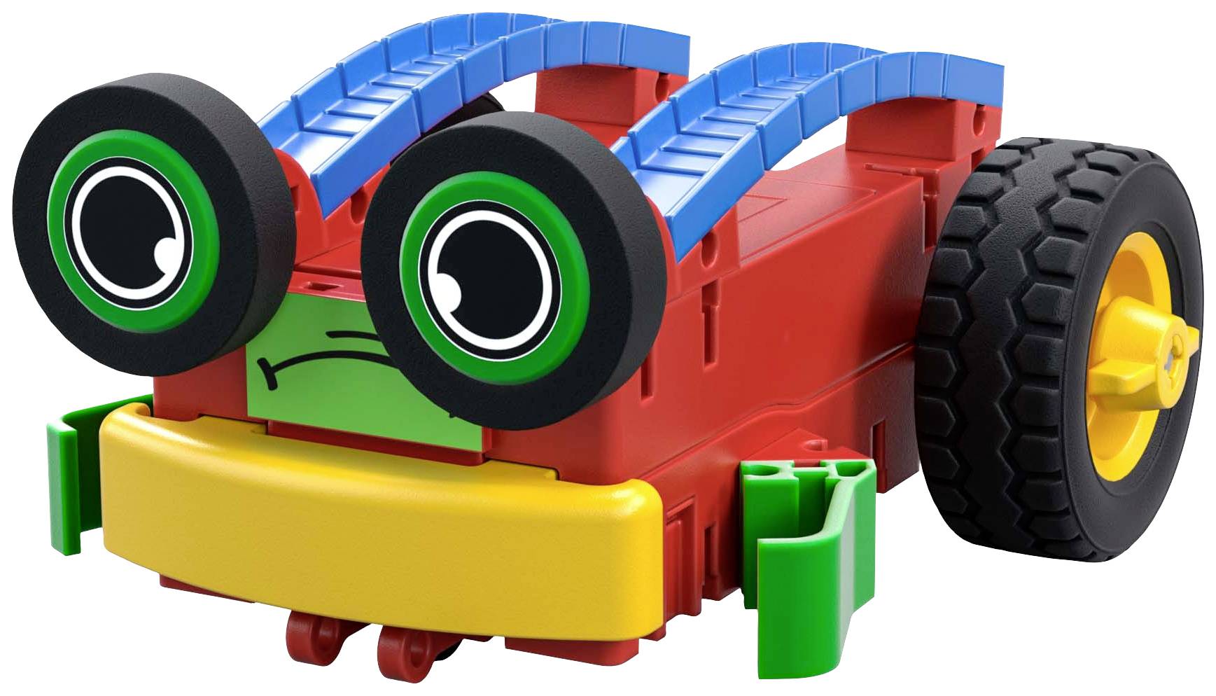 Een rode en gele, speelgoedachtige robot met grote ronde zwarte ogen en blauwe accenten.