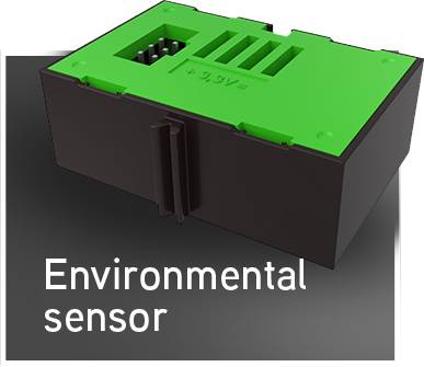 Groene milieusensor op een zwarte achtergrond met de tekst 'Environmental sensor'.