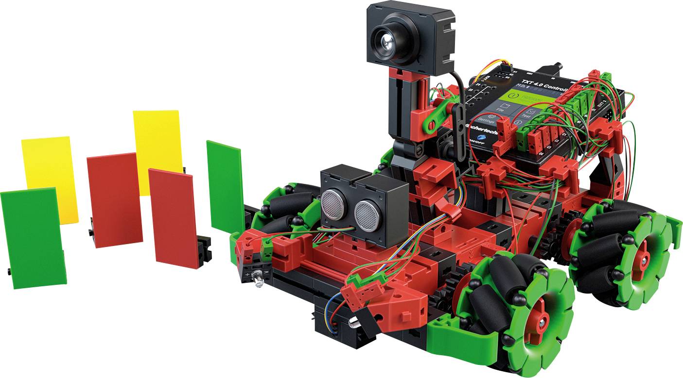Een robot met camerasensoren op wielen, omgeven door gekleurde platen. Hij wordt gebruikt voor programmeer- en techniekonderwijs.