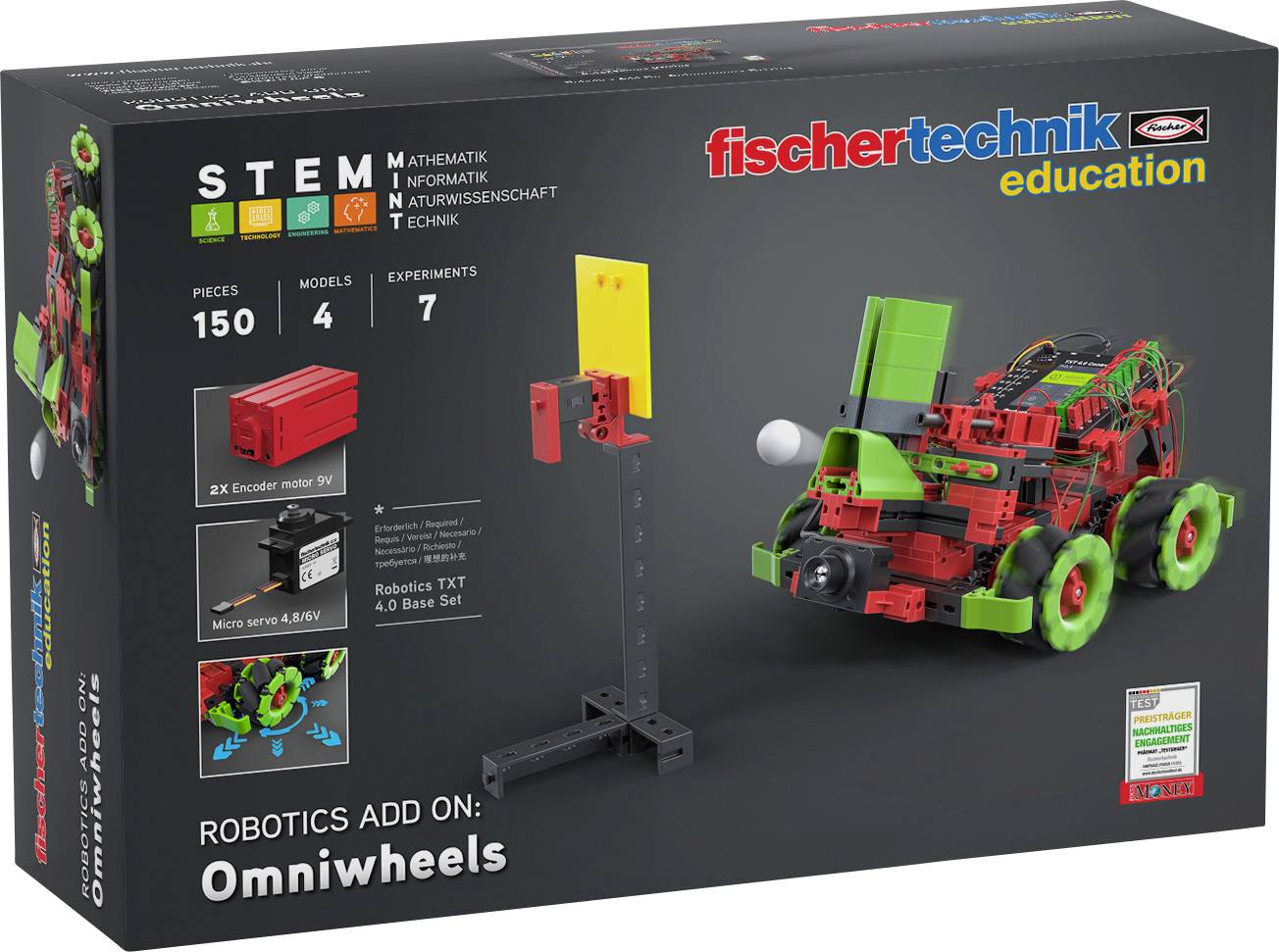Een bouwdoos voor robots met omnidirectionele wielen van fischertechnik education. Bevat 150 onderdelen voor leerlingen vanaf 7 jaar.