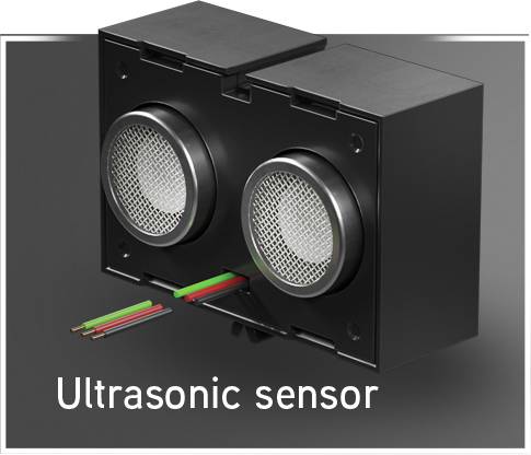 Ultrasone sensor met twee ronde roosters en drie uitstekende kabels, gekenmerkt als 'Ultrasone sensor'.