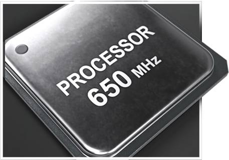 Close-up van een computerprocessor met de tekst 'PROCESSOR 650 MHz'.