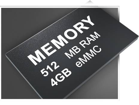 Elektronische geheugenskaart met opschrift 'MEMORY 512 MB RAM, 4GB eMMC', op een donkere achtergrond.