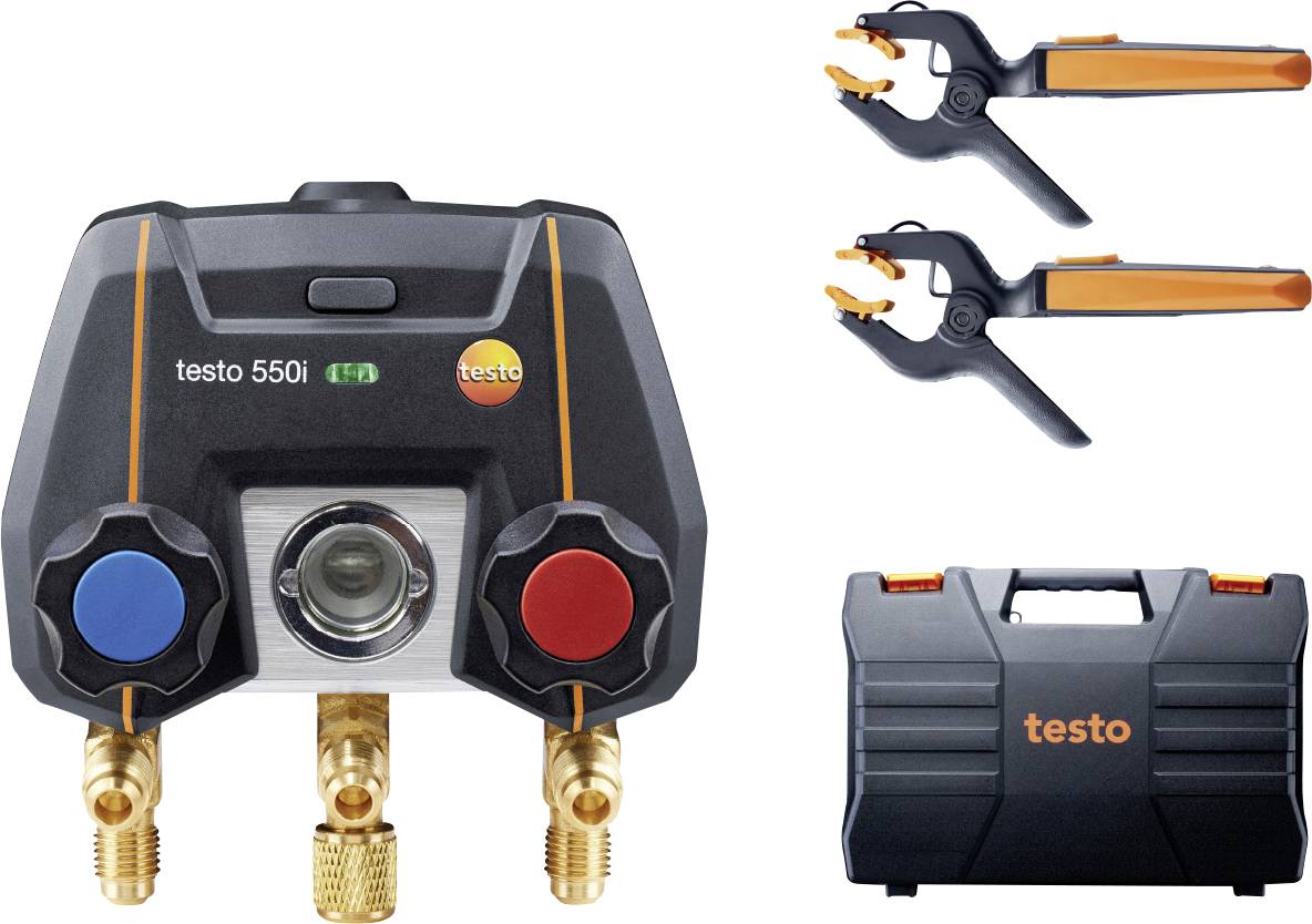 Digitale Manifold 'Testo 550i' met twee temperatuurklemmen en robuuste transportkoffer. Ideaal voor onderhoud van koelinstallaties en metingen.