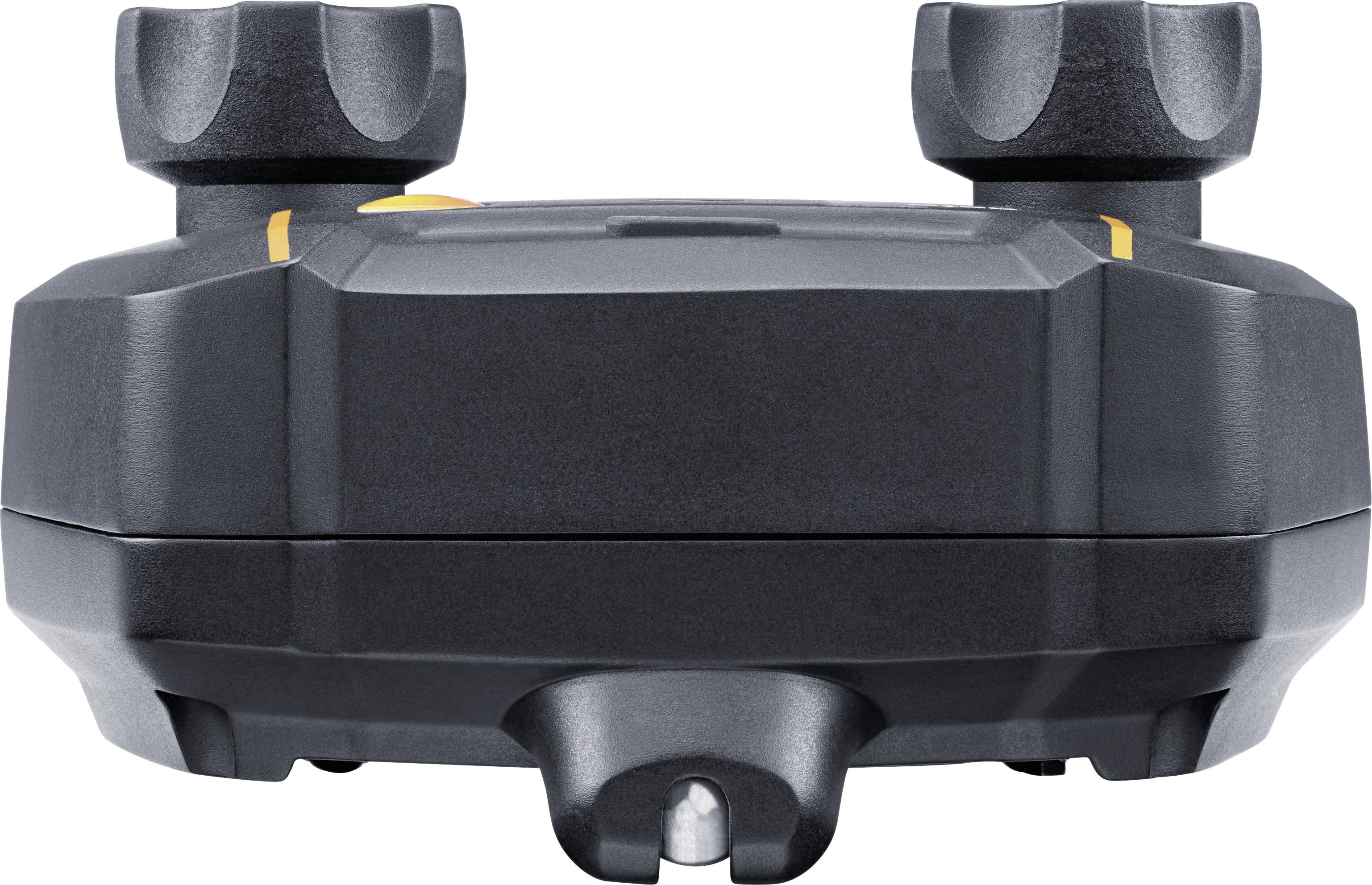 Zwart, compact toestel met twee ronde draaiknoppen bovenaan, mogelijk een technisch gereedschap of meetinstrument.