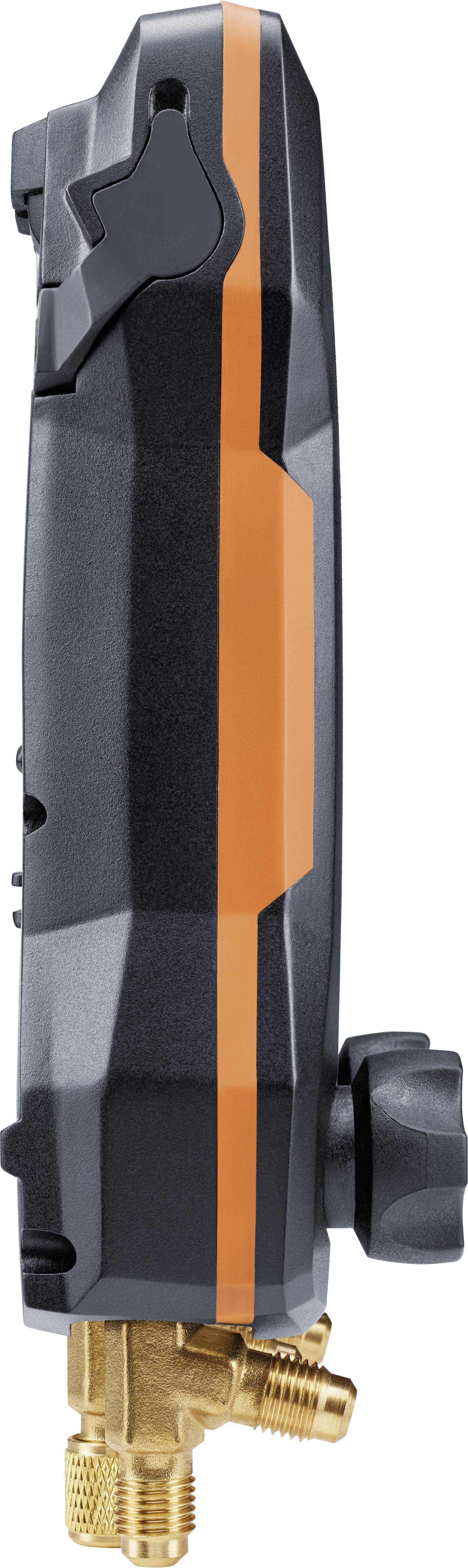 Een digitaal, handmatig verwarmings- en klimaatinstrument met een oranje streep en meerdere gouden aansluitingen.