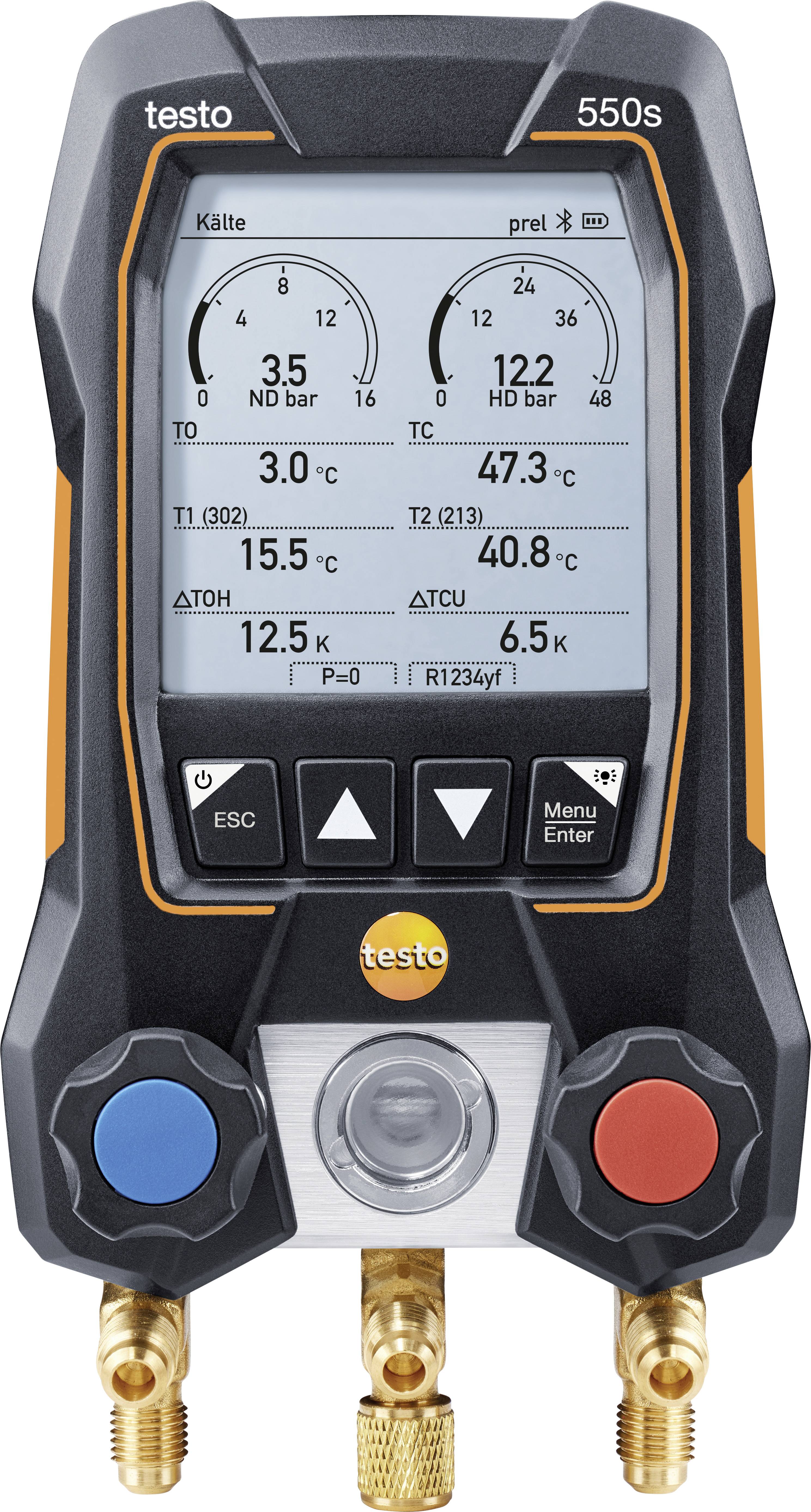 Digitale manometeraanduiding met meetwaarden: ND 3,5 bar, HD 12,2 bar, T1 15,5 °C, T2 40,8 °C. Vier kleppen onderaan zichtbaar.