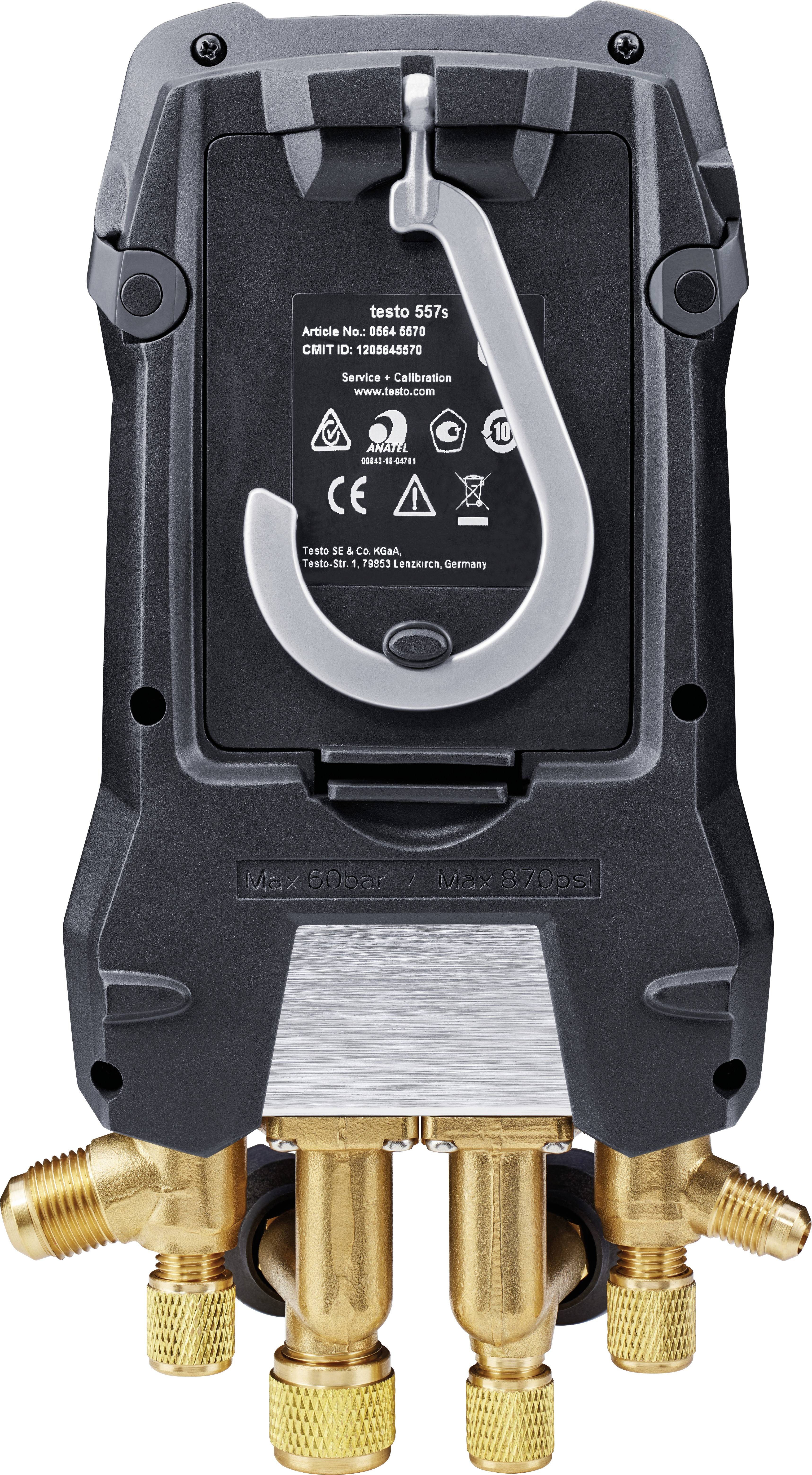 Digitale vacuümmeter achterkant met zwart behuizing, metalen haak bovenaan en vier goudkleurige aansluitingen onderaan.